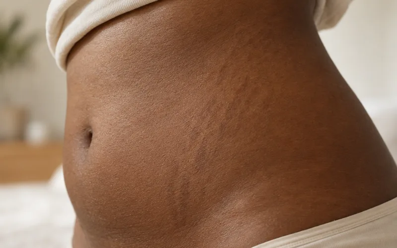 Close-up of softly textured stretch marks on the side of a woman's waist with deep brown skin