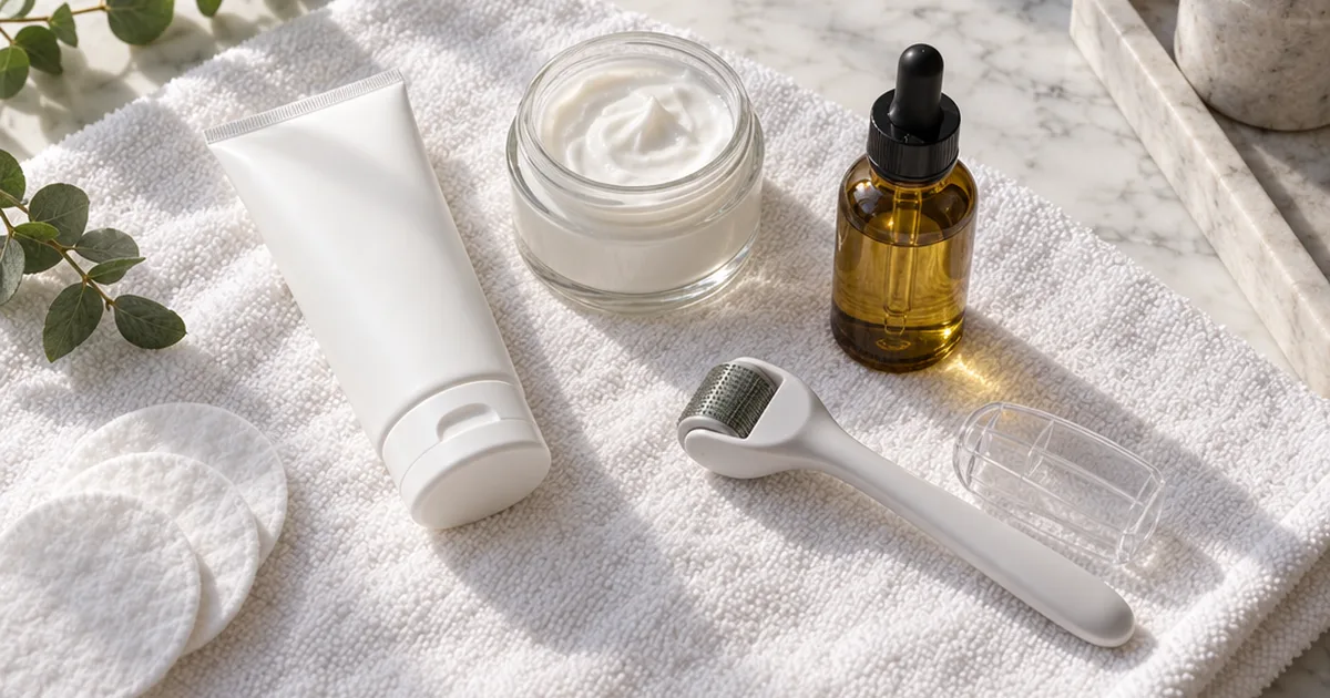 Unlabeled cream tube, moisturizer jar, body oil bottle and derma roller arranged on a white towel