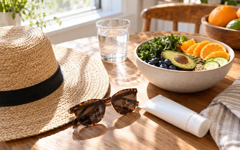 Straw sun hat, sunglasses, sunscreen and a bowl of fresh fruit and greens on a sunny table