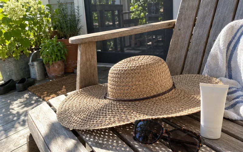 A wide-brim sun hat, sunglasses and mineral sunscreen on a porch chair in morning sun