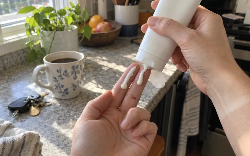 Two lines of sunscreen squeezed along two fingers beside a sunny kitchen window
