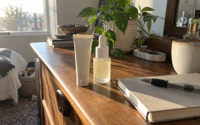 A retinol tube and a retinol dropper bottle of different strengths on a dresser beside a notebook