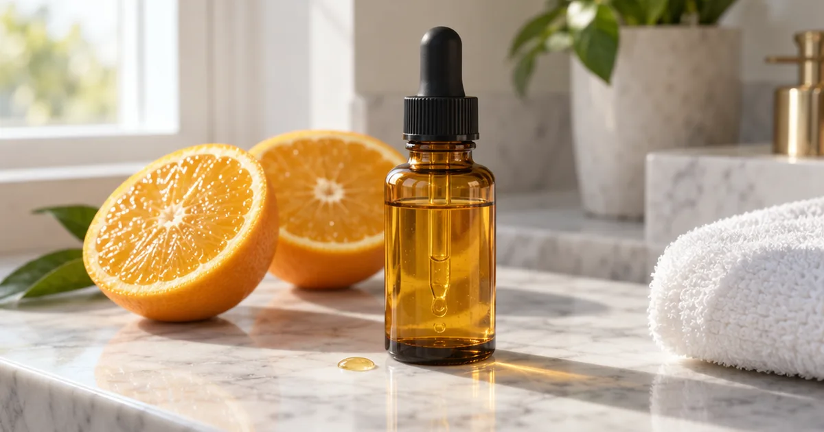 Unlabeled amber dropper bottle of vitamin C serum beside halved oranges on a marble bathroom vanity in morning light