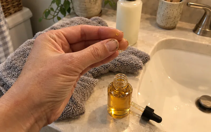 Hands warming a few drops of facial oil between the fingertips before a face massage
