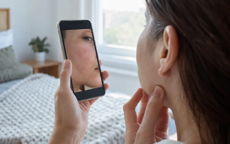 Woman taking a close-up phone photo of faint red marks on her cheek next to a bright window