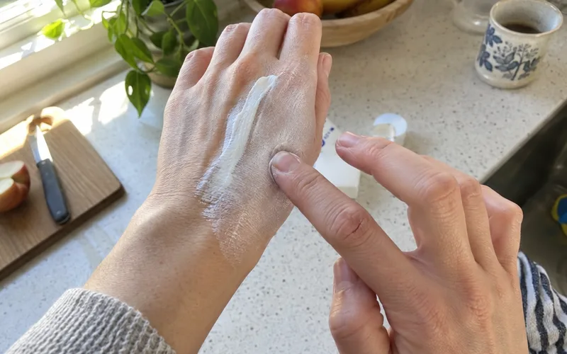 Mineral sunscreen half rubbed into the back of a hand, showing a white cast