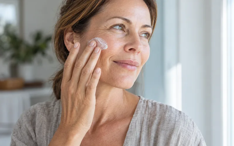 Woman in her forties smoothing sunscreen onto her cheek beside a sunny window