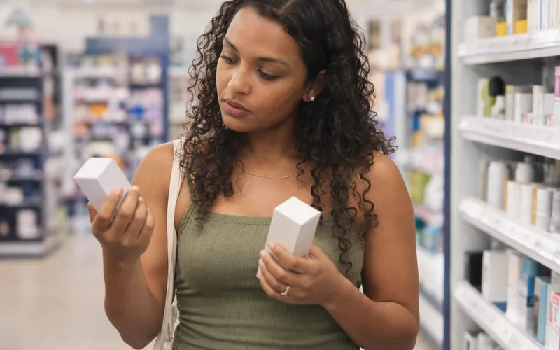 Woman comparing two unlabeled skincare boxes in a drugstore aisle