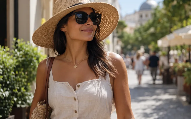 Woman walking outside on a sunny day in sunglasses and a wide-brim hat