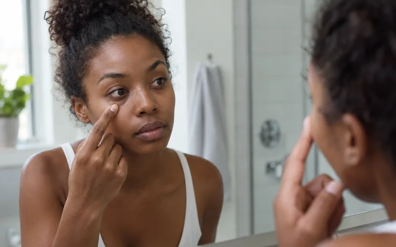 Woman with deep skin gently stretching the skin under her eye in a bathroom mirror